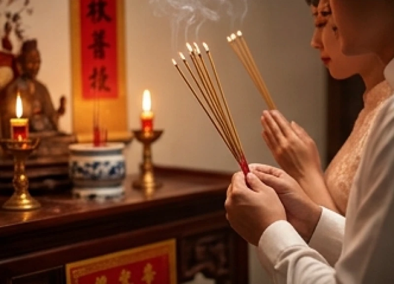 Hai vợ chồng chắp tay đọc bài văn khấn cầu con gái đầy thành tâm