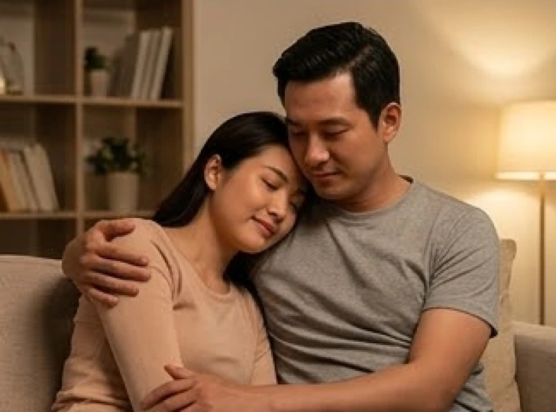Người vợ gục đầu nhẹ vào vai chồng trong phòng khách, cùng nhau trò chuyện để tháo gỡ mọi hoài nghi