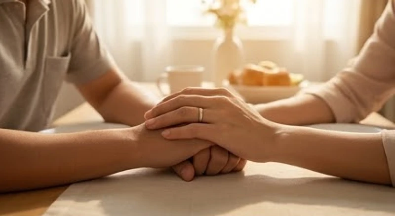 Hai vợ chồng ngồi nắm tay nhau trò chuyện thông cảm sau sự cố đánh rơi nhẫn cưới