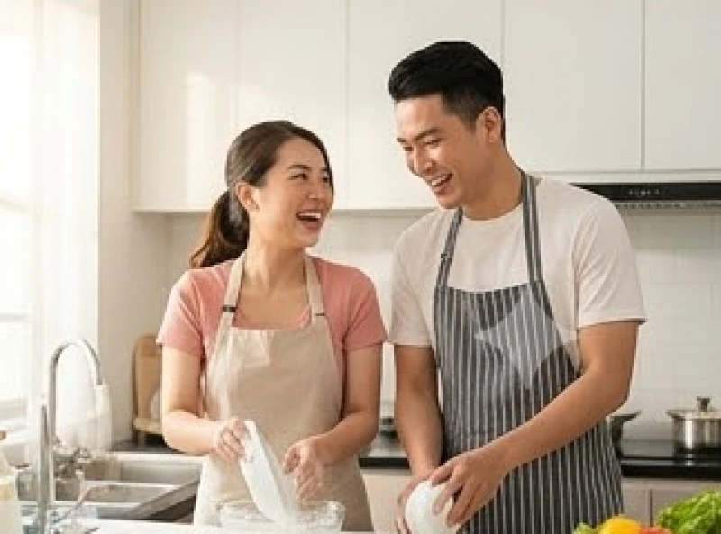Hai vợ chồng cùng nhau dọn dẹp nhà cửa trong không khí vui vẻ để san sẻ những áp lực mệt mỏi thường ngày