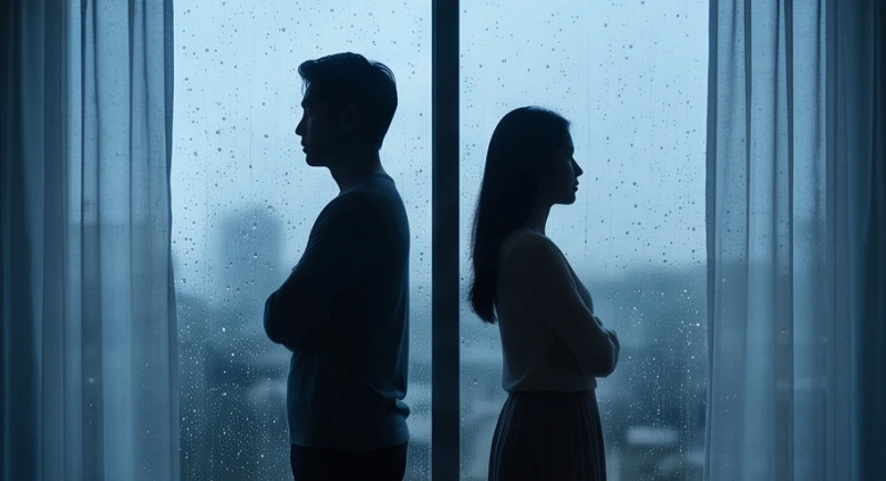 Mơ thấy vợ chồng: Điềm báo tâm linh, tâm lý và con số may mắn 5 Một cặp đôi đứng quay lưng lại với nhau bên cửa sổ thể hiện sự ngột ngạt và chiến tranh lạnh