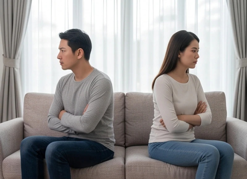 Mơ thấy vợ cũ: Giải mã điềm báo tâm linh và ẩn ức tâm lý 3 Cặp vợ chồng ngồi quay lưng lại với nhau trên ghế sofa thể hiện sự xa cách và thiếu vắng sự giao tiếp