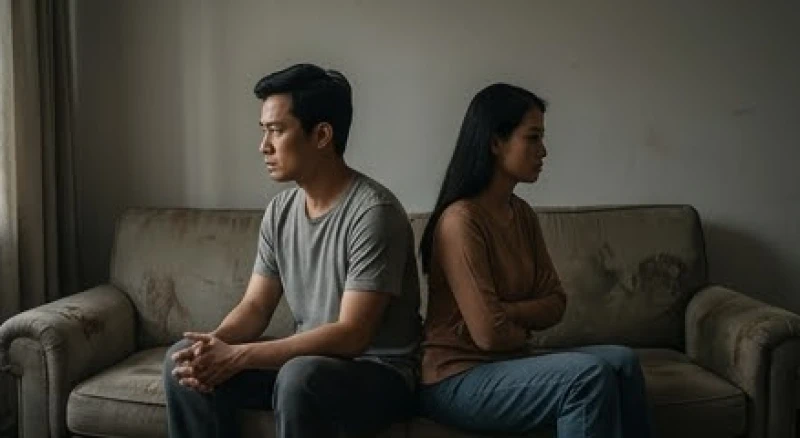Hai vợ chồng ngồi quay lưng lại với nhau trên ghế sofa trong bầu không khí im lặng căng thẳng
