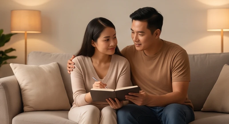 Hai vợ chồng ngồi cạnh nhau cùng thảo luận ôn hòa về các khoản chi tiêu và kế hoạch tương lai