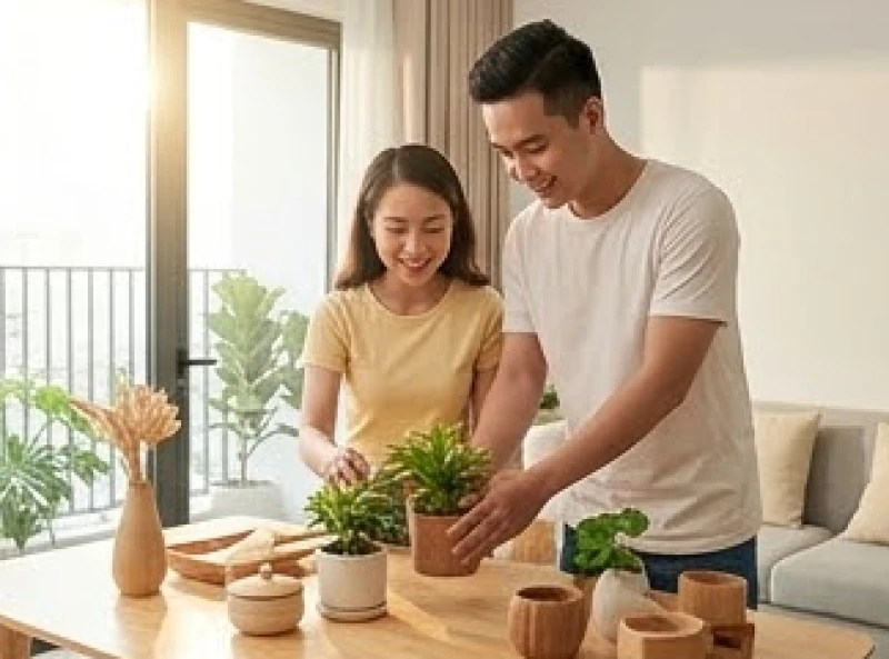 Hai vợ chồng cùng nhau sắp xếp đồ đạc trong ngôi nhà mới tràn ngập ánh sáng tự nhiên