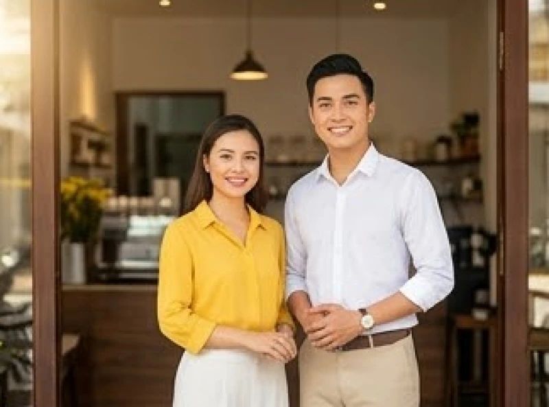 Đôi vợ chồng trẻ tươi cười đứng trước cửa hàng kinh doanh trong ngày khai trương thuận lợi