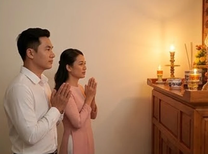 Hai vợ chồng đứng cạnh nhau cùng chắp tay thành kính đọc văn khấn trước ban thờ thần linh thổ địa