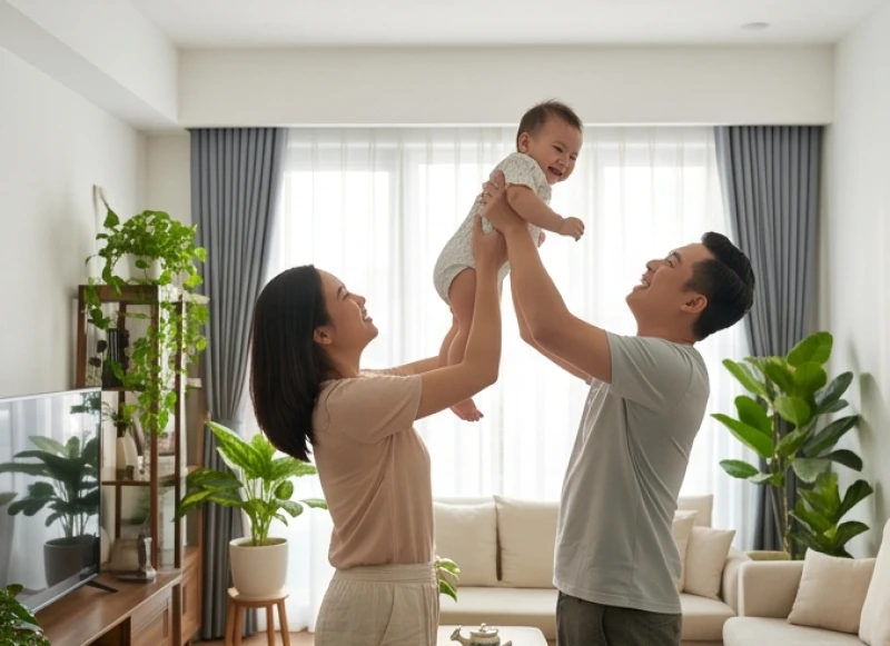 Tuổi Tý hợp sinh con tuổi gì: bộ quy tắc ngũ hành và hóa giải 7 Bố mẹ tuổi Bính Tý 1996 đang âu yếm con nhỏ trong không gian phòng khách ngập tràn ánh sáng