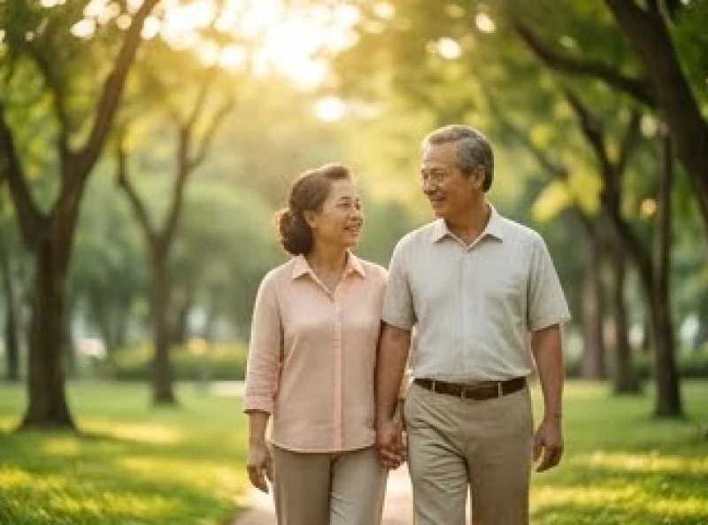 Tình duyên tuổi Thìn năm 2026: Lịch cưới hỏi và mẹo phong thủy 9 Đôi vợ chồng tuổi trung niên thư thả tản bộ cùng nhau trong công viên xanh mát