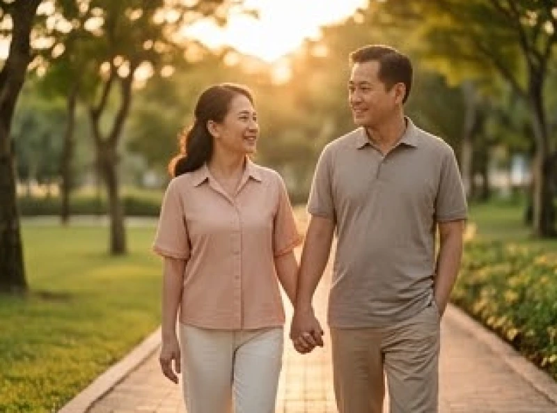 Hai vợ chồng trung niên nắm tay nhau đi dạo thư giãn trong công viên tĩnh lặng