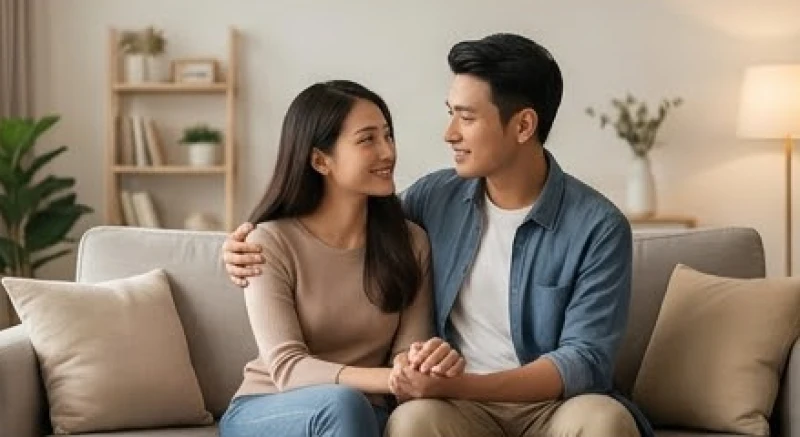 Cặp vợ chồng trẻ đang ngồi tựa vào nhau đầy thấu hiểu trên chiếc sofa phòng khách