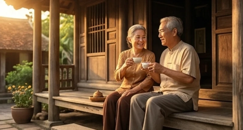 Tử vi trọn đời tuổi Nhâm Thìn 1952 nam mạng: Luận giải hậu vận 5 Cặp vợ chồng lớn tuổi ngồi thưởng trà và mỉm cười hạnh phúc bên thềm hiên nhà cổ kính