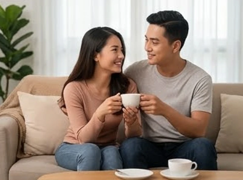Mơ thấy cưới vợ là điềm gì: Phân tích kịch bản & số may mắn 7 Đôi vợ chồng trẻ ngồi cạnh nhau trên ghế sofa ấm áp cùng nhâm nhi tách trà và mỉm cười trò chuyện thấu hiểu