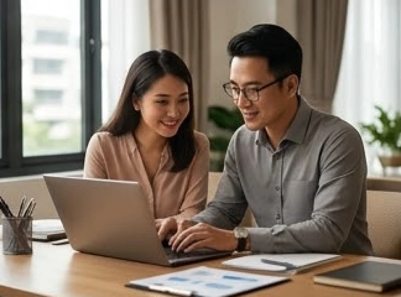 Cặp vợ chồng đang cùng nhau thảo luận kế hoạch trên máy tính tại bàn làm việc ở nhà