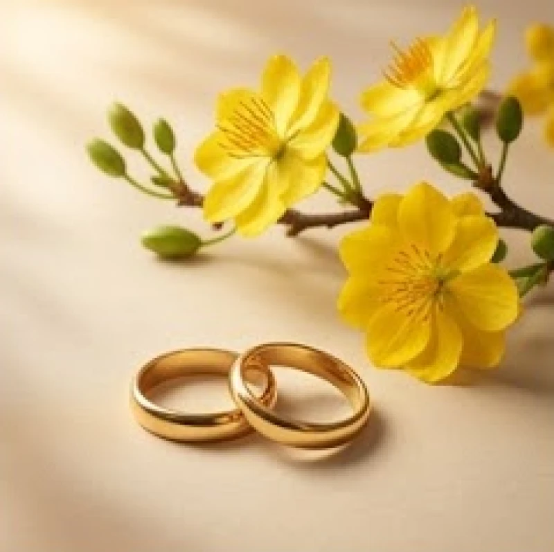 Cặp nhẫn cưới bằng vàng đặt cạnh nhành hoa mai vàng rực rỡ tượng trưng cho gia đạo