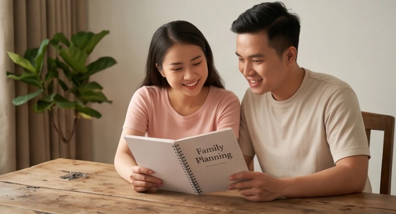Tuổi Thân sinh con năm nào tốt: Chọn năm và hóa giải xung khắc 5 Hai vợ chồng trẻ đang cùng nhau xem cuốn sổ tay kế hoạch gia đình