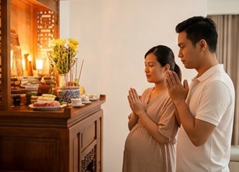 Vợ chồng trẻ chắp tay thành kính đọc bài khấn trình tổ tiên báo cáo thai nhi bình an