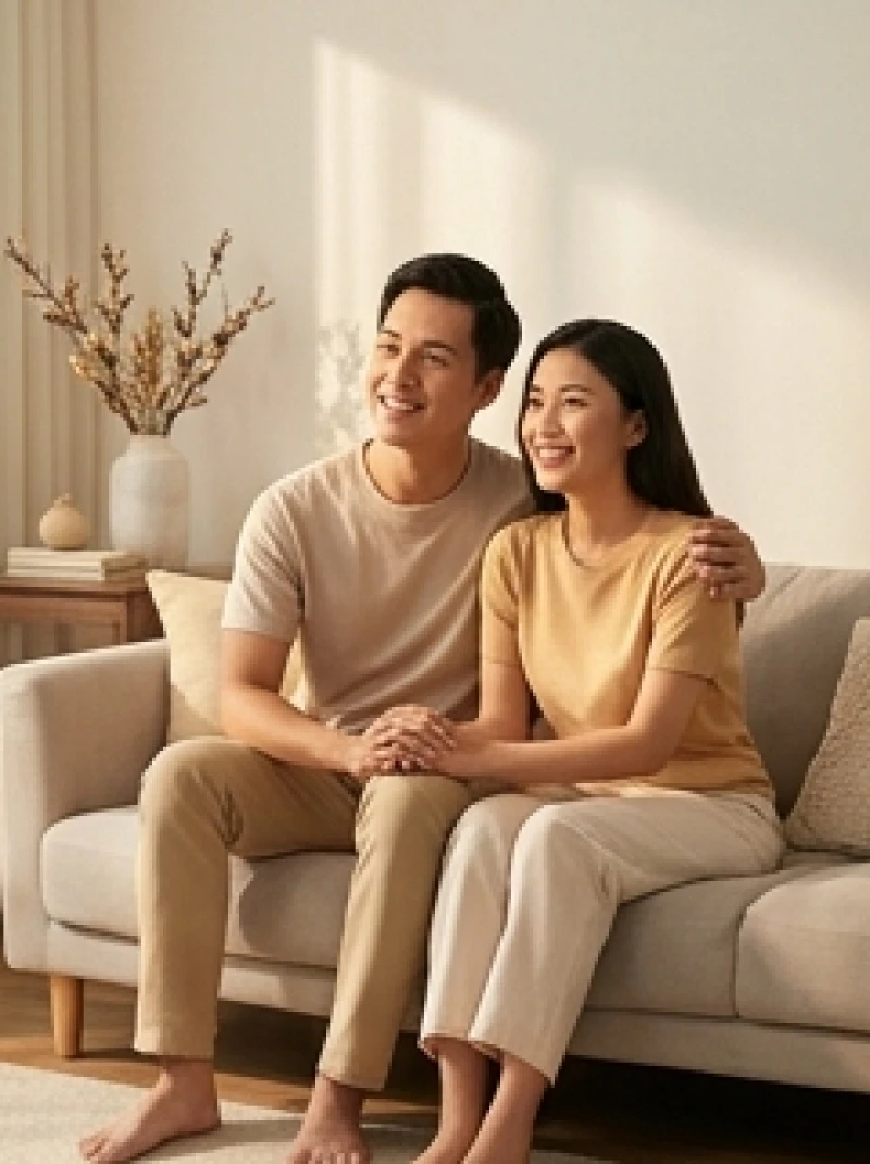Đôi vợ chồng trẻ mỉm cười hạnh phúc bên nhau trong phòng khách ngập tràn ánh sáng tự nhiên