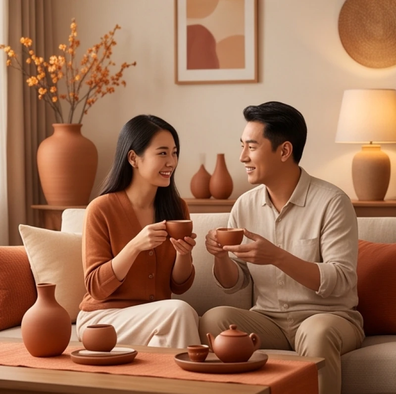 Mệnh Thổ hợp mệnh gì? Tra cứu 6 nạp âm và tuổi hợp 8 Đôi vợ chồng hạnh phúc thưởng thức trà trong phòng khách được trang trí tông màu ấm áp và đồ nội thất gốm sứ