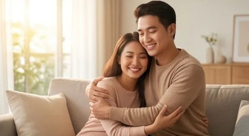 Đôi vợ chồng trẻ mỉm cười hạnh phúc bên nhau trong không gian phòng khách ấm cúng