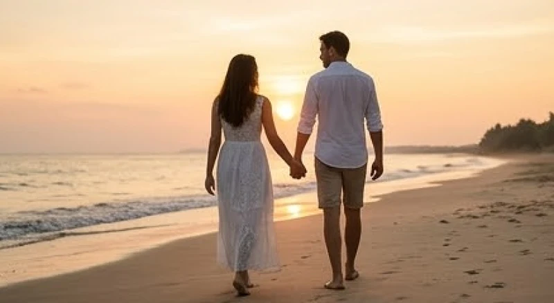 Mơ thấy đi chơi xa: Giải mã điềm báo và góc nhìn tâm lý 6 Hai vợ chồng nắm tay nhau dạo bước ngắm hoàng hôn trên bãi biển thanh bình