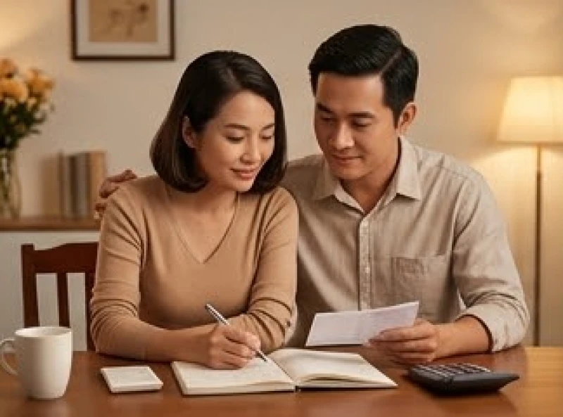 Hai vợ chồng cùng nhau xem xét sổ sách và bàn bạc kế hoạch tài chính gia đình