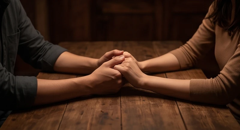 Hai bàn tay đan chặt vào nhau dưới ánh sáng ấm áp thể hiện sự thấu hiểu và san sẻ gánh nặng gia đình