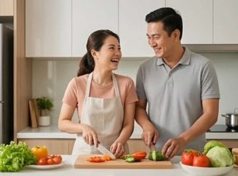 Hai vợ chồng cùng nhau nấu ăn và chia sẻ niềm vui trong gian bếp gia đình hiện đại