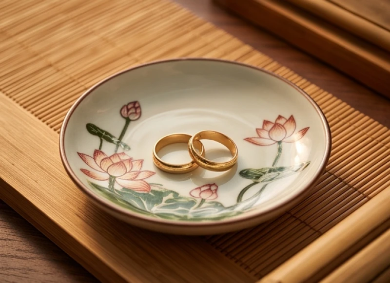 Hai chiếc nhẫn cưới vàng đặt tinh tế trên đĩa gốm sứ phong thủy tượng trưng cho sự gắn kết