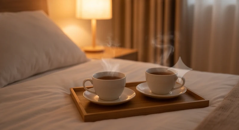 Hai tách trà ấm đặt cạnh nhau trên bàn biểu tượng cho cuộc trò chuyện chân thành giữa hai vợ chồng.
