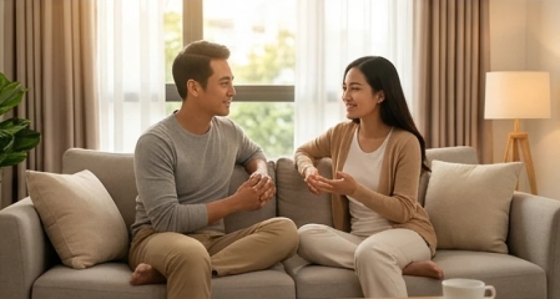 Hai vợ chồng ngồi cạnh nhau trên sofa và trò chuyện vui vẻ, thể hiện sự thấu hiểu và sẻ chia thẳng thắn trong hôn nhân