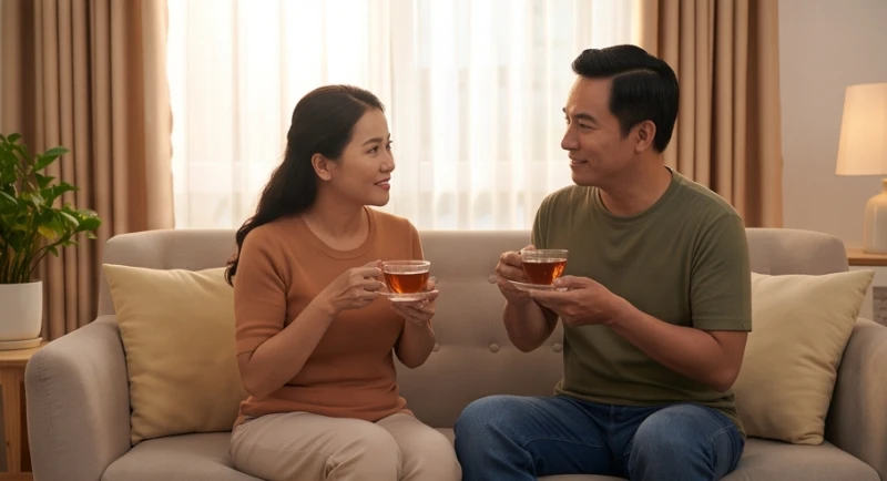 Hai vợ chồng ngồi đối diện nhau uống trà và trò chuyện chân thành trong phòng khách