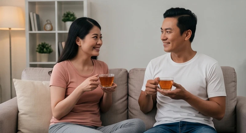 Hai vợ chồng vui vẻ ngồi uống trà ấm và trò chuyện chân thành trên chiếc ghế sofa êm ái