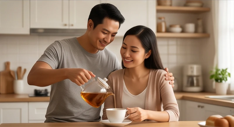 Người chồng ân cần rót trà chăm sóc bạn đời thể hiện sự quan tâm và xóa bỏ mọi khoảng cách