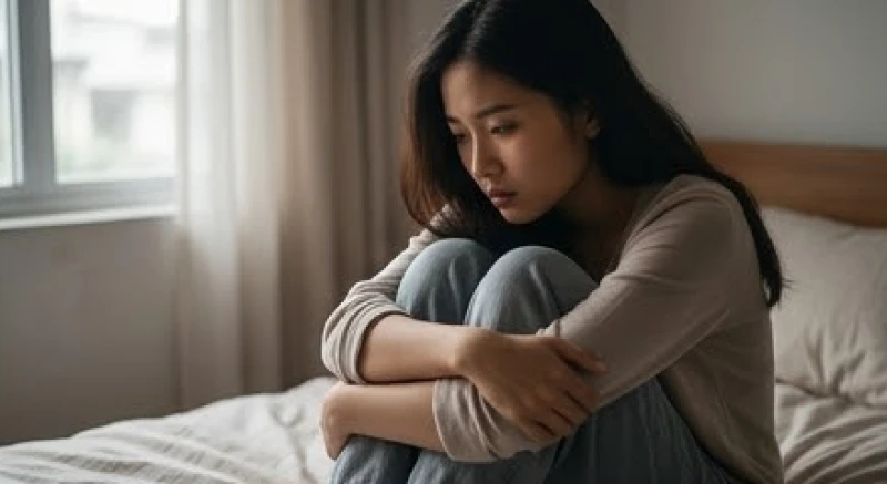 Người phụ nữ buồn bã ôm gối ngồi trên giường sau giấc mơ thấy chồng bạo hành