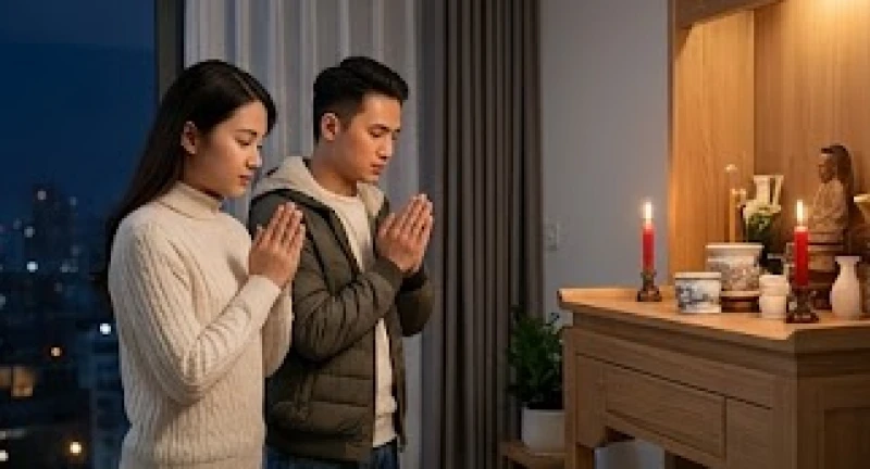 Văn khấn gia tiên đêm giao thừa: Bản chuẩn cổ truyền & rút gọn 5 Cặp vợ chồng trẻ đứng cạnh nhau chắp tay thành kính khấn vái trước ban thờ gia tiên chung cư