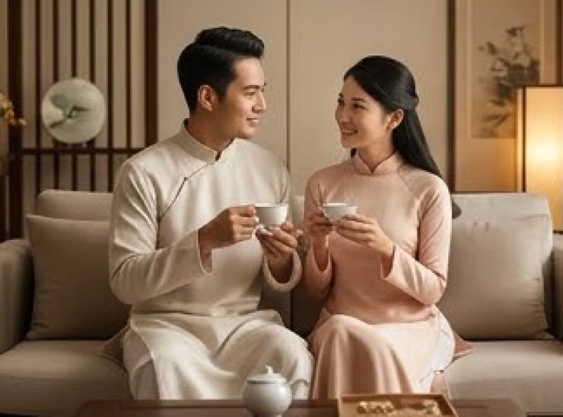 Hai vợ chồng đang ngồi thưởng trà và mỉm cười nhẹ nhàng trong không gian phòng khách ấm cúng
