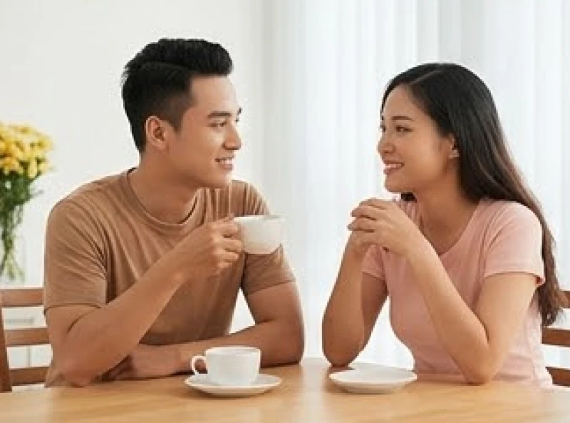 Hai vợ chồng trẻ ngồi cạnh nhau tại bàn ăn và cùng mỉm cười bàn bạc kế hoạch sinh con