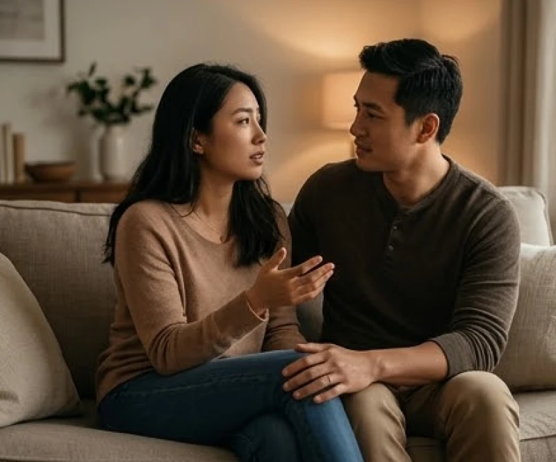 Mơ thấy chồng: Tra cứu điềm báo, con số và cách giải tỏa lo âu 3 Hai vợ chồng ngồi kề vai chân thành trò chuyện trên chiếc ghế sofa để hóa giải khúc mắc