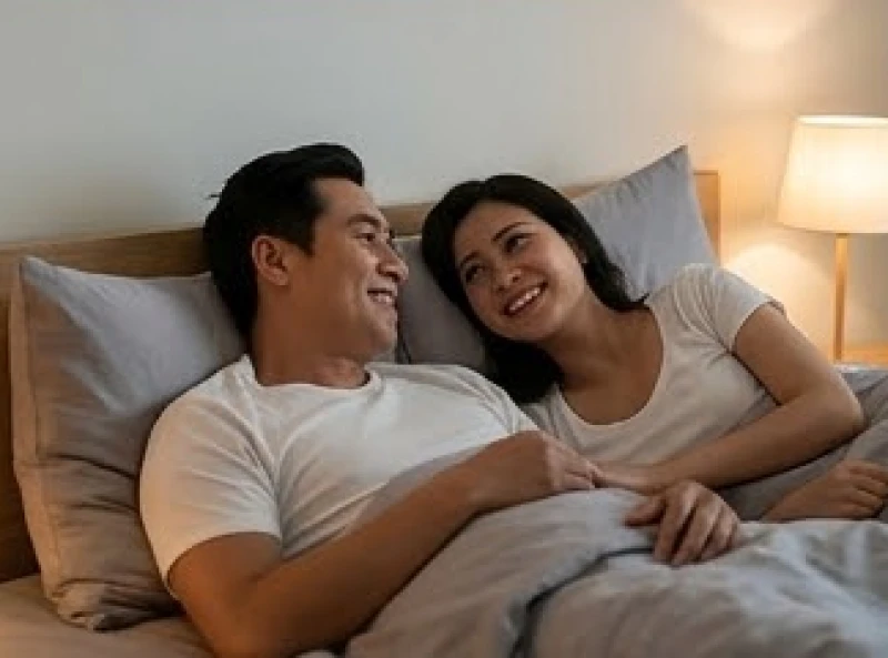 Hai vợ chồng nằm tựa lưng trên giường, cười nói vui vẻ và bỏ điện thoại sang bên để kết nối cảm xúc