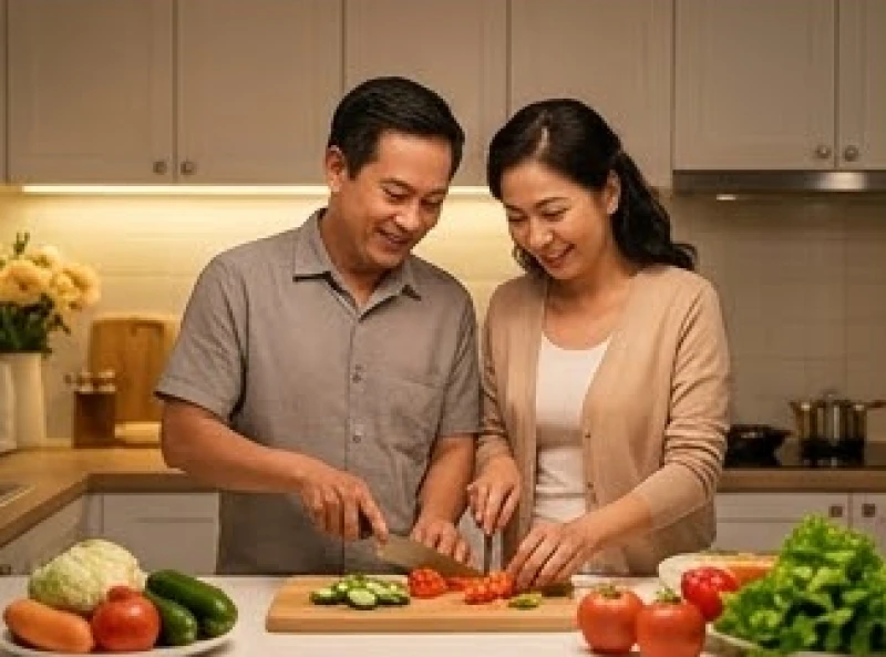 Cặp đôi trung niên cùng nhau chuẩn bị bữa tối ấm cúng để gắn kết tình cảm gia đình