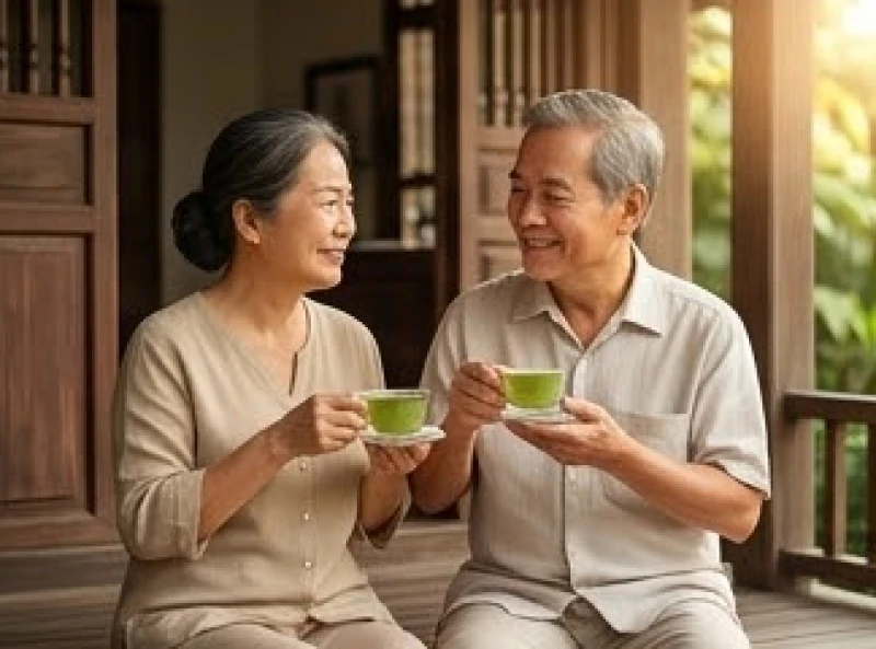 Tử vi trọn đời tuổi Giáp Thìn 1964 nam mạng: Mốc hạn và hóa giải 4 Hai vợ chồng trung niên đang ngồi uống trà và trò chuyện vui vẻ bên hiên nhà yên bình