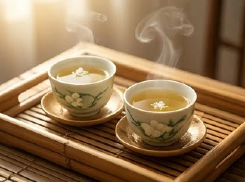 Hai ly trà lài nóng hổi đặt cạnh nhau trên khay tre biểu tượng cho sự thấu hiểu và êm ấm trong hôn nhân