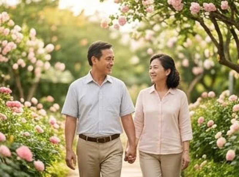 Tình duyên tuổi Mão năm 2027: Luận giải 5 nạp âm và lịch cưới 9 Hai vợ chồng trung niên nắm tay nhau dạo bước trong khu vườn ngập tràn ánh nắng buổi sớm