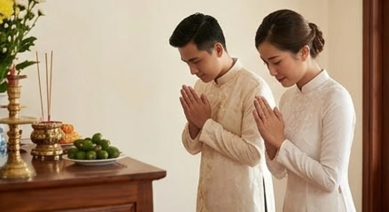 Văn khấn lễ lại mặt: Mẫu chuẩn nhà gái và trình tự dâng hương 5 Vợ chồng mới cưới lùi lại nửa bước và đồng loạt chắp tay ngang ngực để vái tạ gia tiên