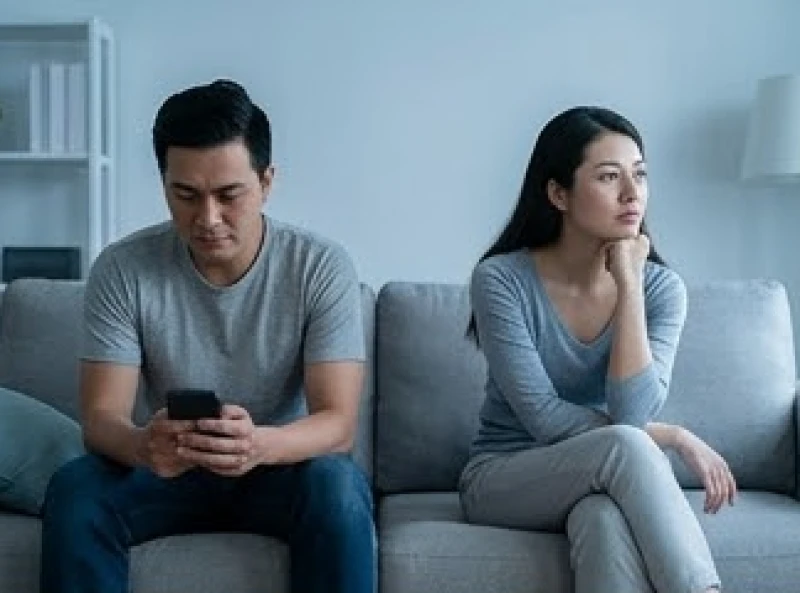 Cặp vợ chồng ngồi trên sofa nhưng mỗi người nhìn một hướng, thể hiện khoảng cách và thiếu vắng giao tiếp