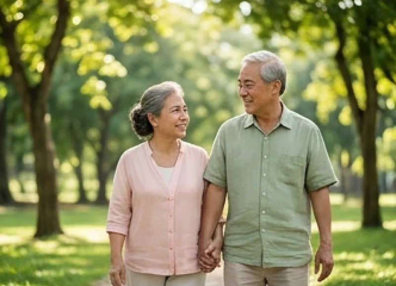 Cặp vợ chồng lớn tuổi đi dạo thong thả trong công viên ngập tràn ánh nắng mang lại cảm giác bình yên tuổi xế chiều