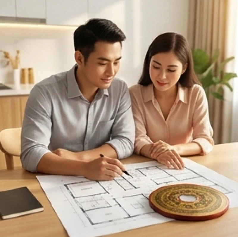 Hai vợ chồng cùng bàn bạc và xem xét la bàn để chọn hướng nhà ưu tiên theo trụ cột gia đình