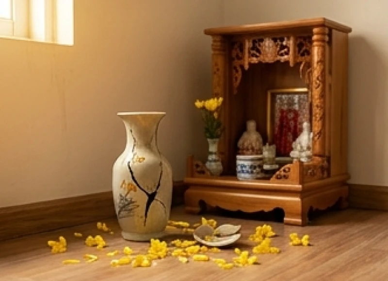 Lọ hoa nứt vỡ gần khu vực ban thờ Thần Tài, gợi báo hiệu những sai lầm trong quyết định đầu tư