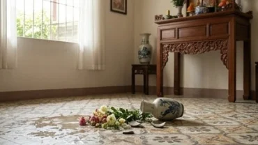Chiếc lọ hoa gốm sứ bị vỡ thành nhiều mảnh trên sàn nhà cạnh bàn thờ tổ tiên truyền thống